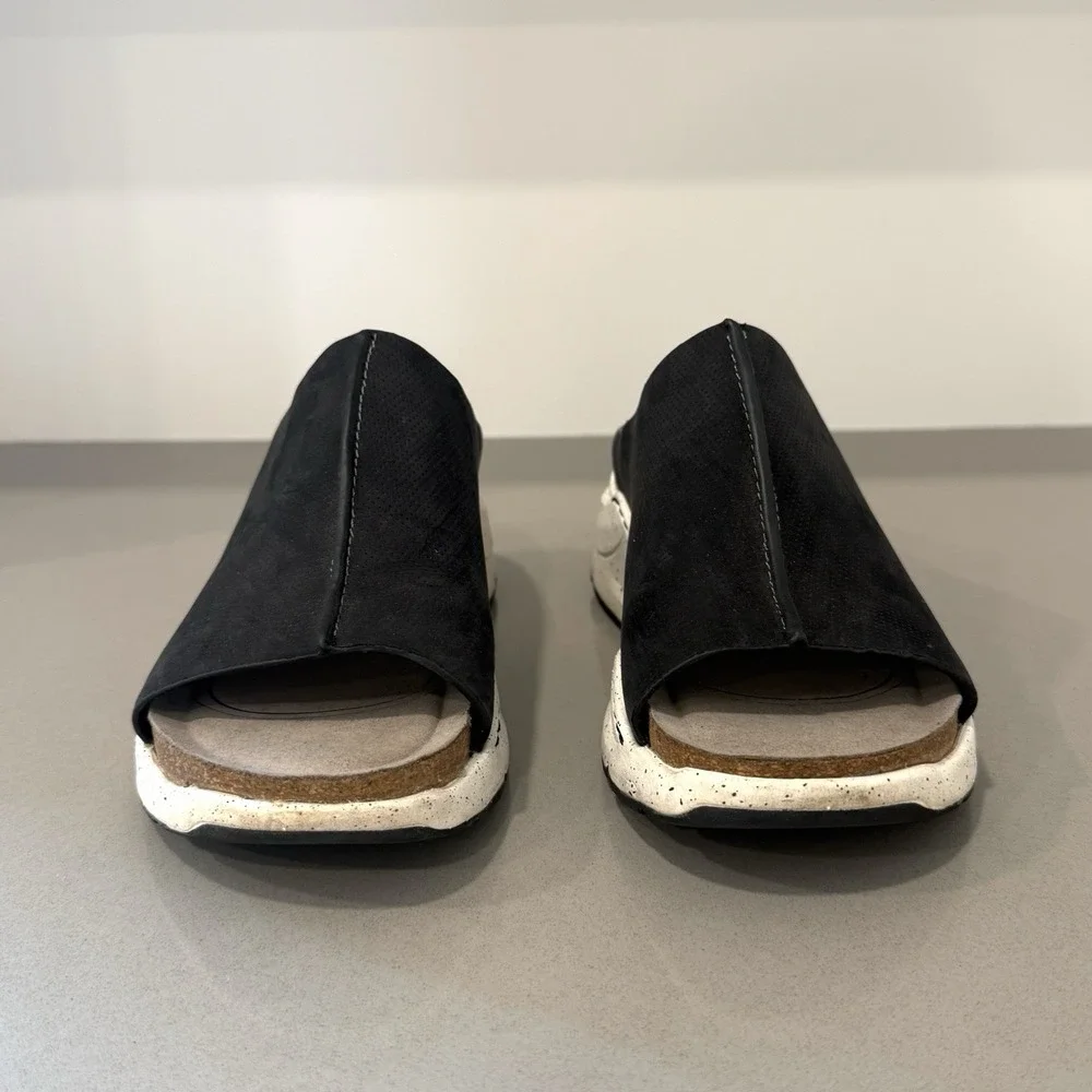 Bionica Oceana Wedge Slide 7.5 Black Leather Slip On Comfort Sporty Platform